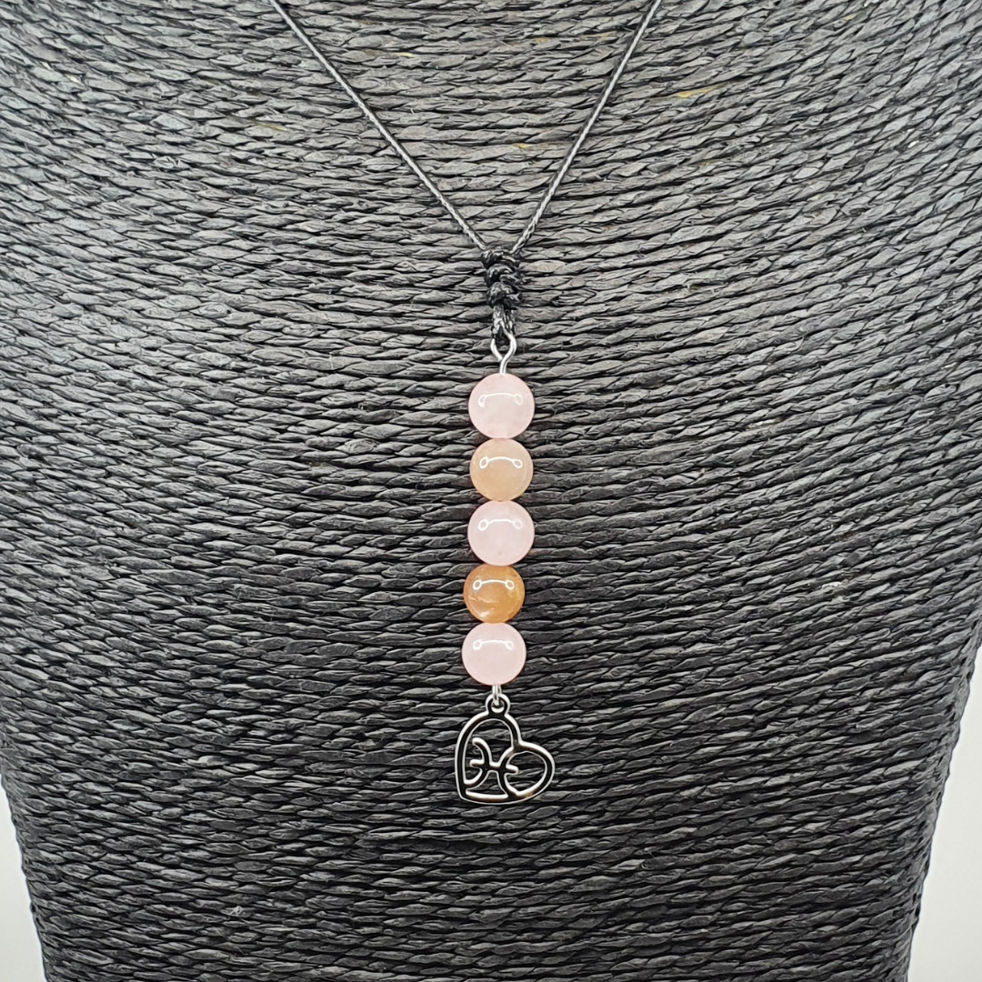 Collier Astro - Poisson - Quartz rose &amp; Pierre de Lune 8 mm