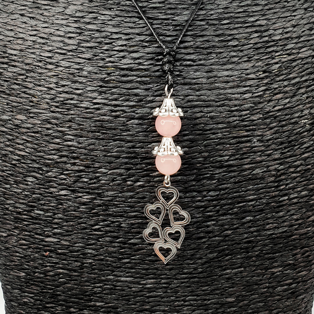 Collier grappe de coeur - Quartz rose - 8 mm