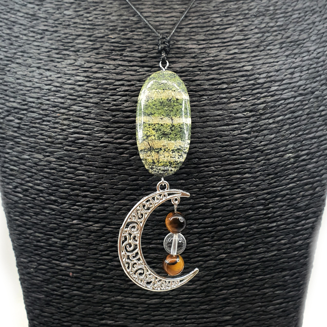 Collier lune - Chrysotile, oeil de tigre et cristal de roche - 8 mm et 20x40 mm