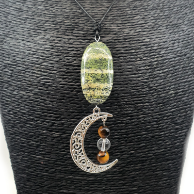 Collier lune - Chrysotile, oeil de tigre et cristal de roche - 8 mm et 20x40 mm