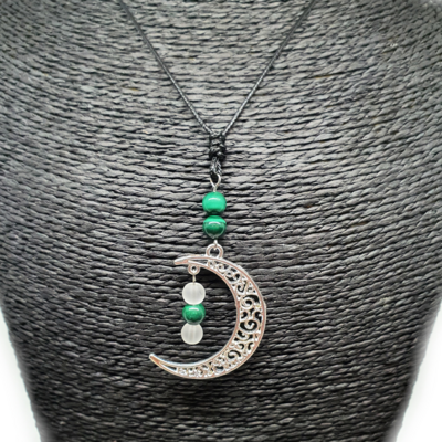 Collier Lune - Malachite et cristal de roche mat - 6 mm