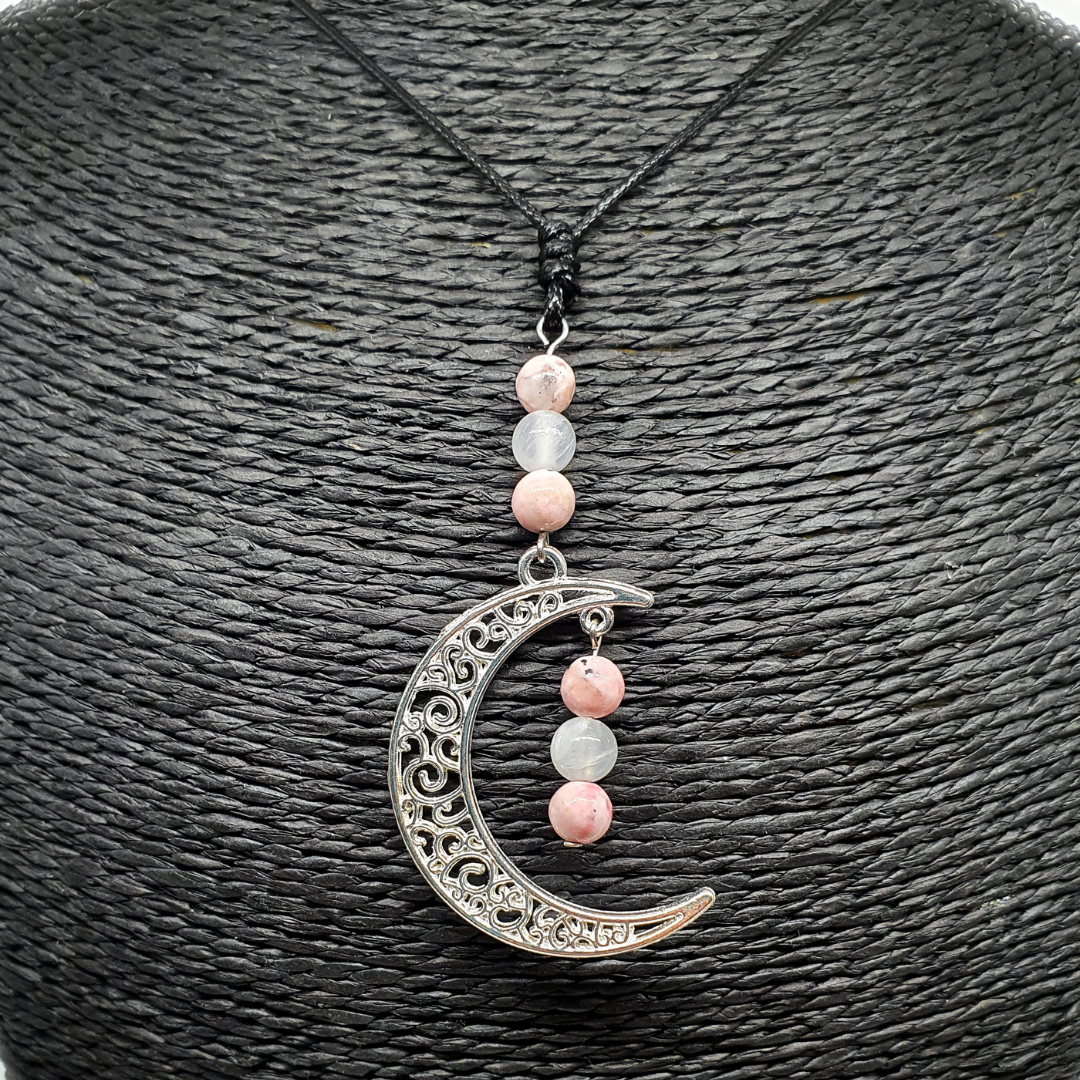 Collier Lune - Rhodonite et Sélénite - 6 mm
