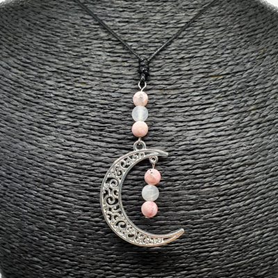 Collier Lune - Rhodonite et Sélénite - 6 mm