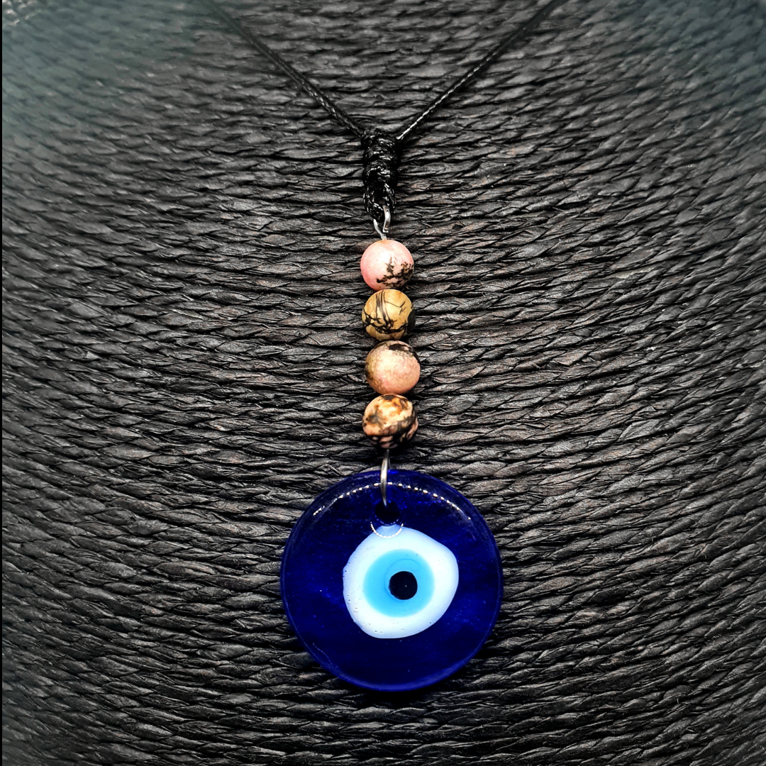 Collier oeil turc - rhodonite - 6 mm mat