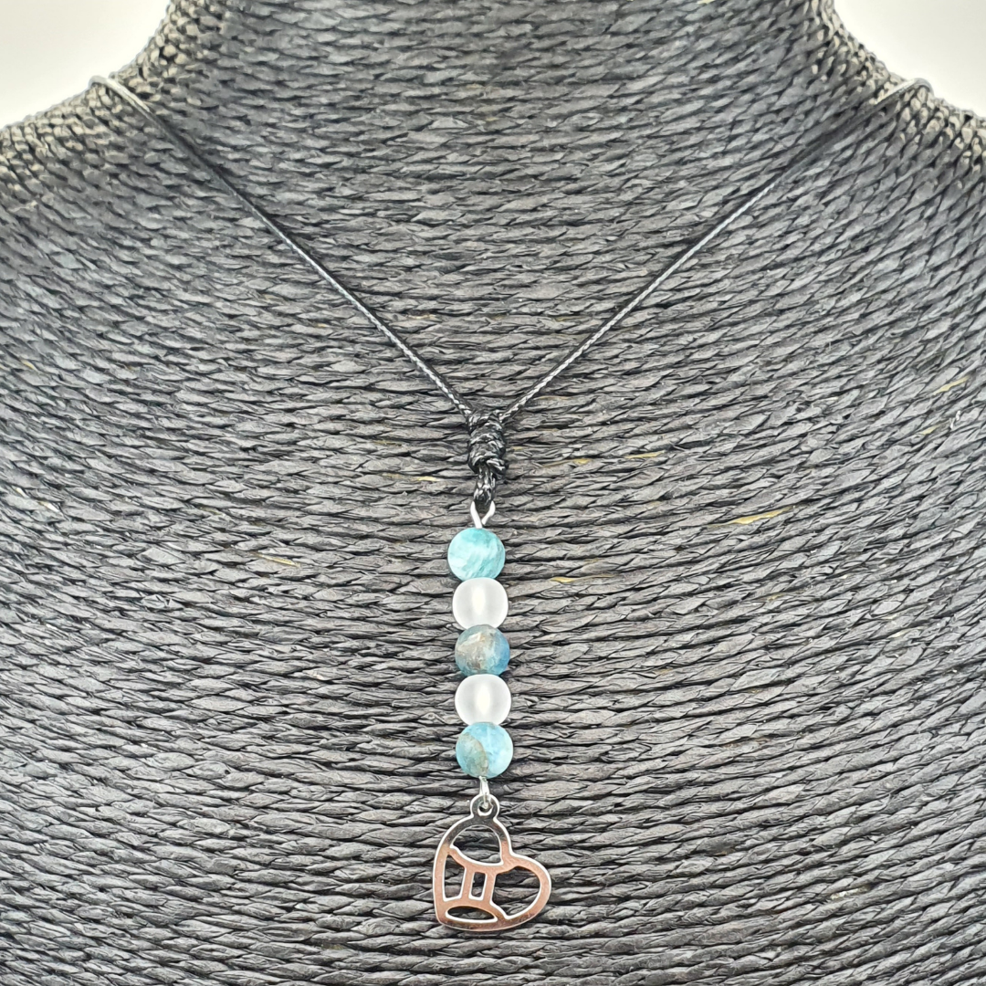 Collier Astro - Gémeau - Apatite mat &amp; Cristal de roche mat 8 mm