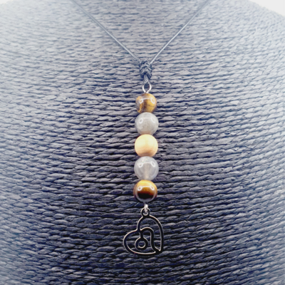 Collier Astro - Lion - Oeil de Tigre, Labradorite &amp; Mala cèdre 8 mm
