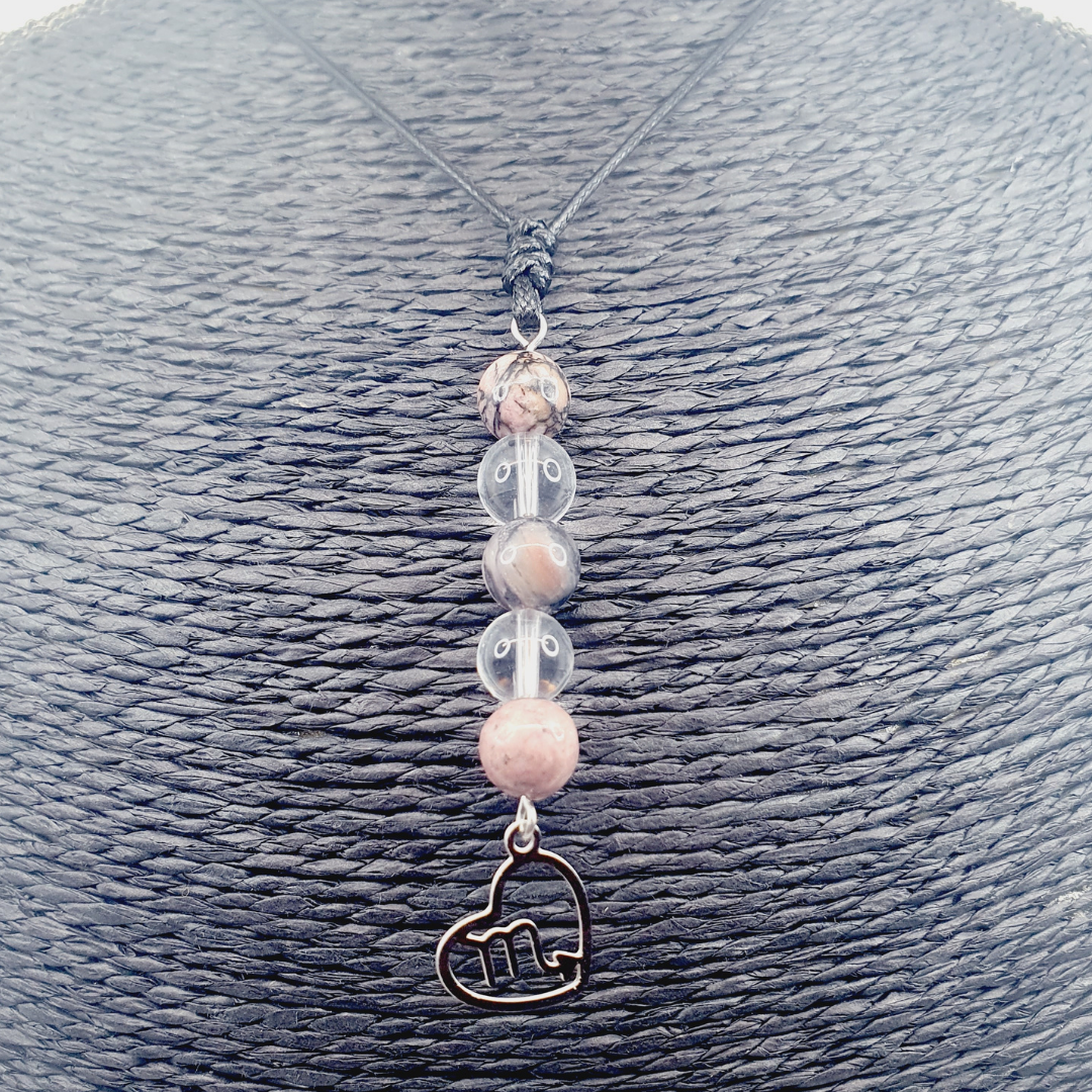 Collier Astro - Scorpion - Rhodonite &amp; Cristal de roche 8 mm