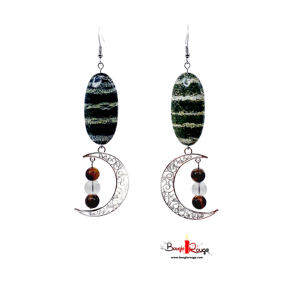 Boucles d'Oreilles - Chrysotile, oeil de tigre et cristal de roche - 8 mm et 20x40mm