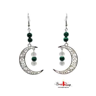 Boucles d'Oreilles - Malachite et cristal de roche - 6mm
