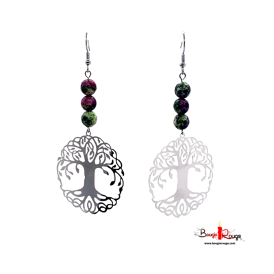 Boucles d'Oreilles Arbre de Vie et Serpentine colorée facettée - 8 mm