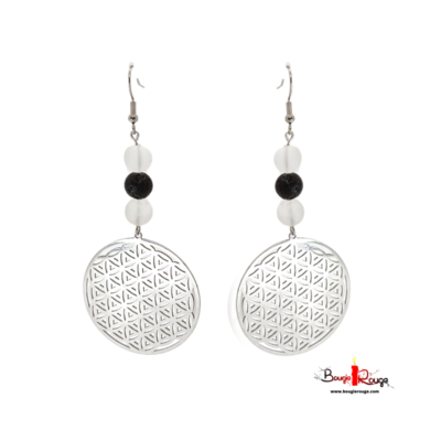 Boucles d'Oreilles - Cristal de roche &amp; pierre de lave - 8 mm