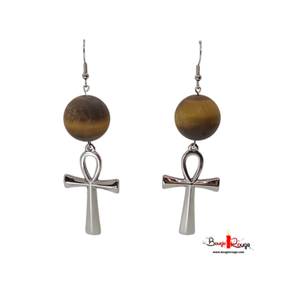 Boucles d&#39;Oreilles - Oeil de Tigre &amp; Anhk - 20 mm