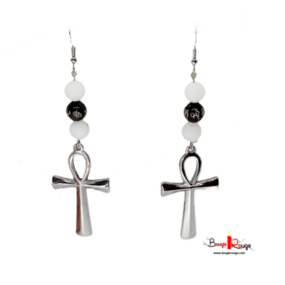 Boucles d'Oreilles - Quartz inclusion de Tourmaline &amp; Obsidienne Ôm - 8 mm