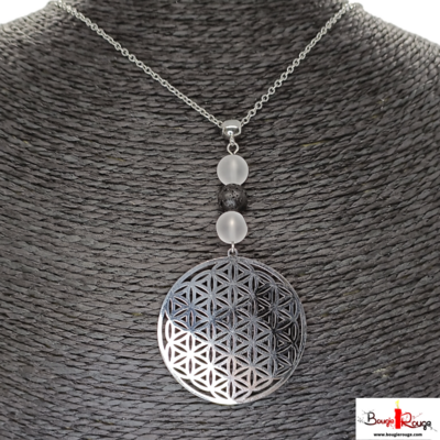 Collier Cristal de roche &amp; pierre de lave - 8 mm