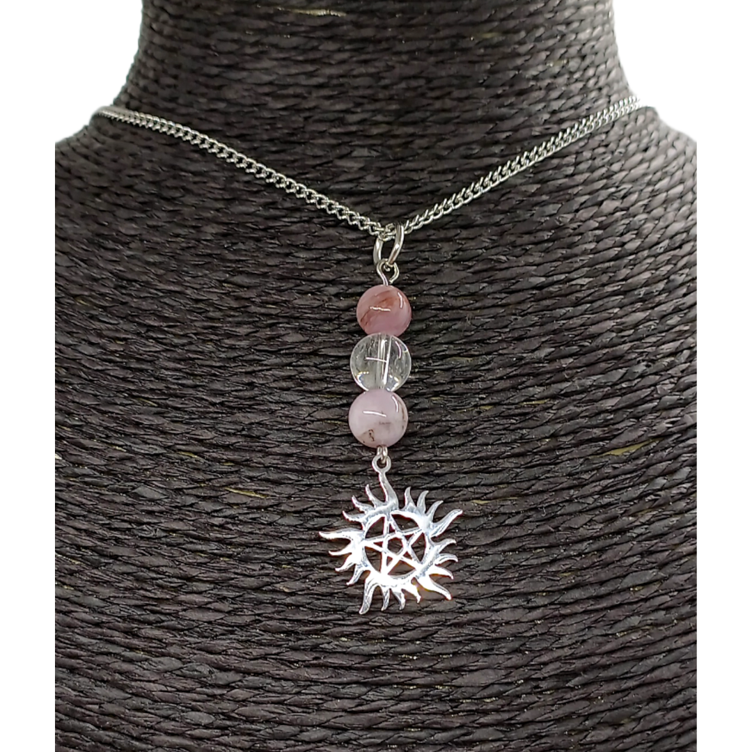 Collier Pentacle soleil - Kunsite &amp; cristal de roche - 8 mm