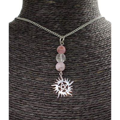 Collier Pentacle soleil - Kunsite &amp; cristal de roche - 8 mm