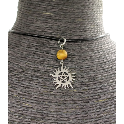 Collier pentacle soleil - Oeil de Tigre - mat 8 mm