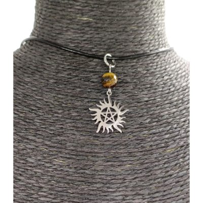Collier - pentacle soleil - Oeil de tigre facetté - 8 mm