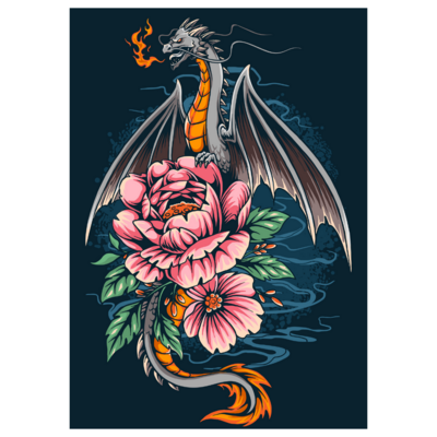 Poster plastifié - Dragon &amp; fleurs