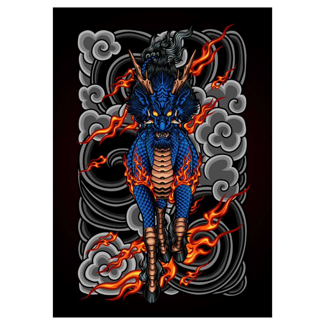Poster plastifié - dragon japonais bleu