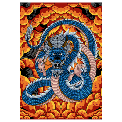 Poster plastifié - dragon japonais bleu fond or