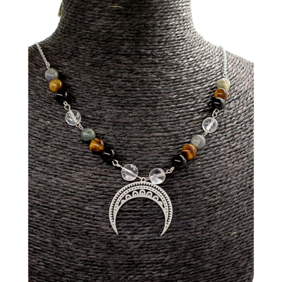 Collier - Pendentif croissant de lune inversé - Labradorite, Tourmaline, Oeil-de-tigre et Cristal de roche