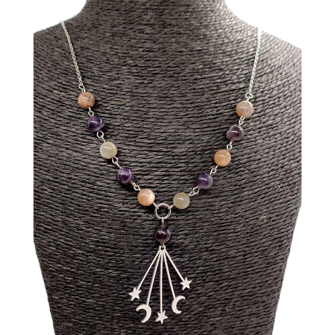 Collier - Pendentif étoiles &amp; croissants de lune - Améthyste &amp; Pierre de lune