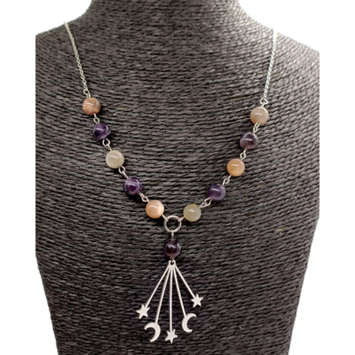 Collier - Pendentif étoiles &amp; croissants de lune - Améthyste &amp; Pierre de lune