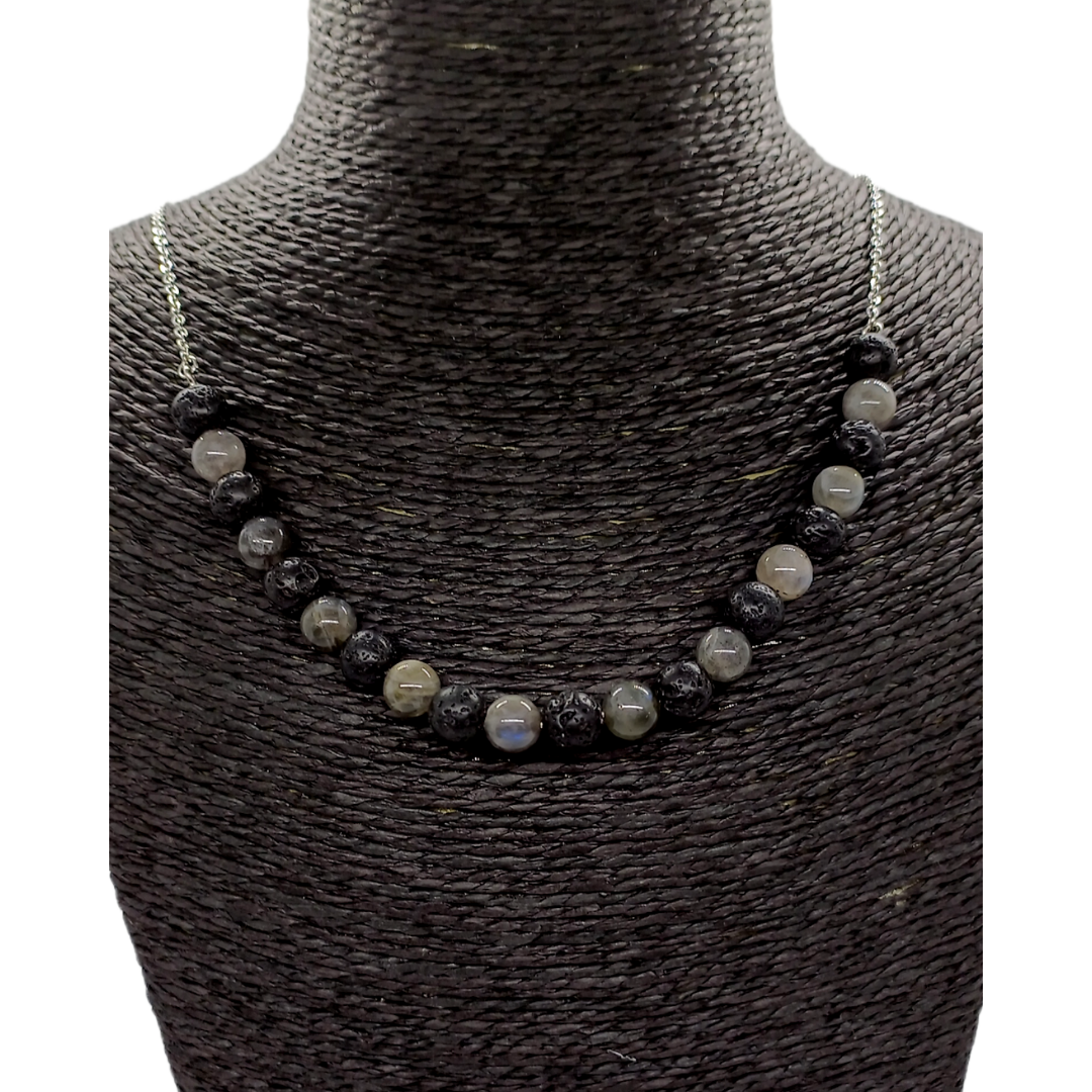 Collier - labradorite et pierre de lave - 8 mm