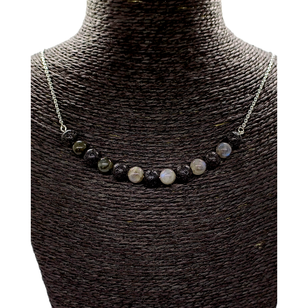 Collier - labradorite et pierre de lave - 8 mm