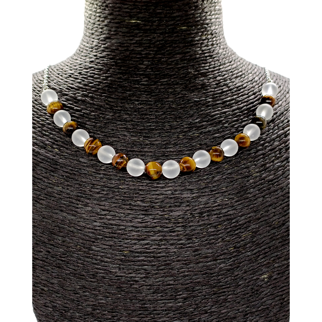 Collier - oeil de tigre &amp; cristal de roche mat - 8 mm