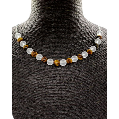 Collier - oeil de tigre &amp; cristal de roche mat - 8 mm