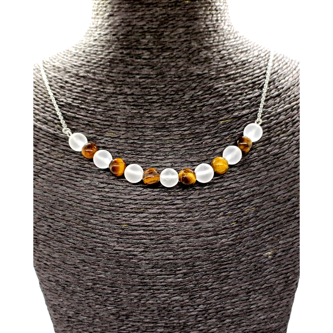 Collier - oeil de tigre &amp; cristal de roche mat - 8 mm