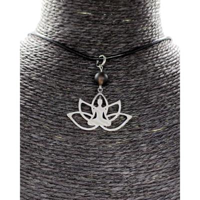 Collier - Lotus méditation - Quartz fumé 8 mm mat