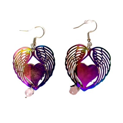 Boucles d&#39;oreille Cœur ailé et Quartz rose