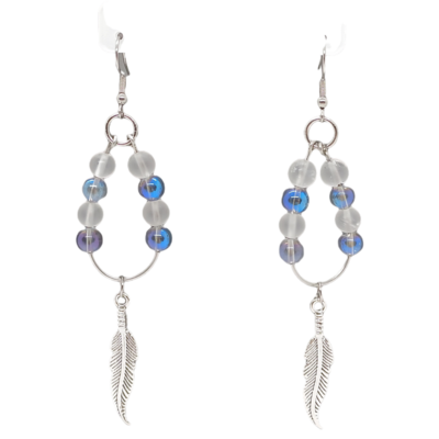 Boucles d&#39;oreille - Aqua Aura, Cristal de roche mat et plume