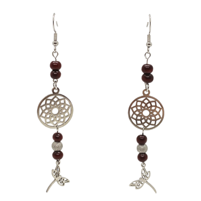 Boucles d&#39;oreille - Mala en bois rouge, pendentif Chakra Couronne et libellule en vol