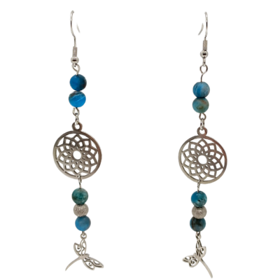 Boucles d&#39;oreille - Apatite, pendentif Chakra Couronne et libellule en vol