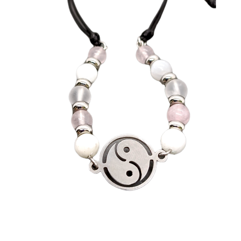 Bracelet de cheville macramé - Yin Yang, Sélénite, Quartz rose et Cristal de roche