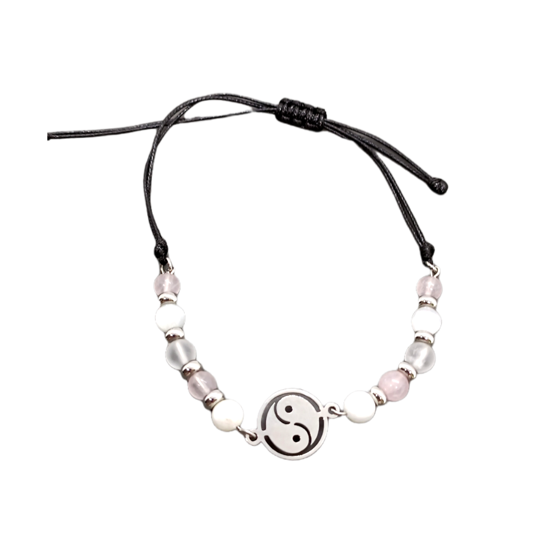 Bracelet de cheville macramé - Yin Yang, Sélénite, Quartz rose et Cristal de roche