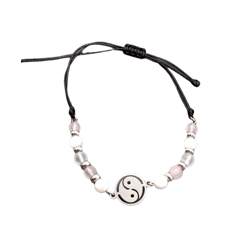 Bracelet de cheville macramé - Yin Yang, Sélénite, Quartz rose et Cristal de roche