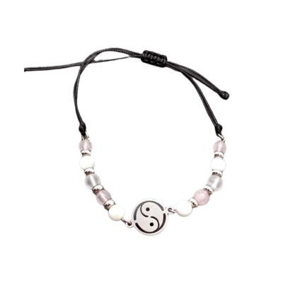 Bracelet de cheville macramé - Yin Yang, Sélénite, Quartz rose et Cristal de roche