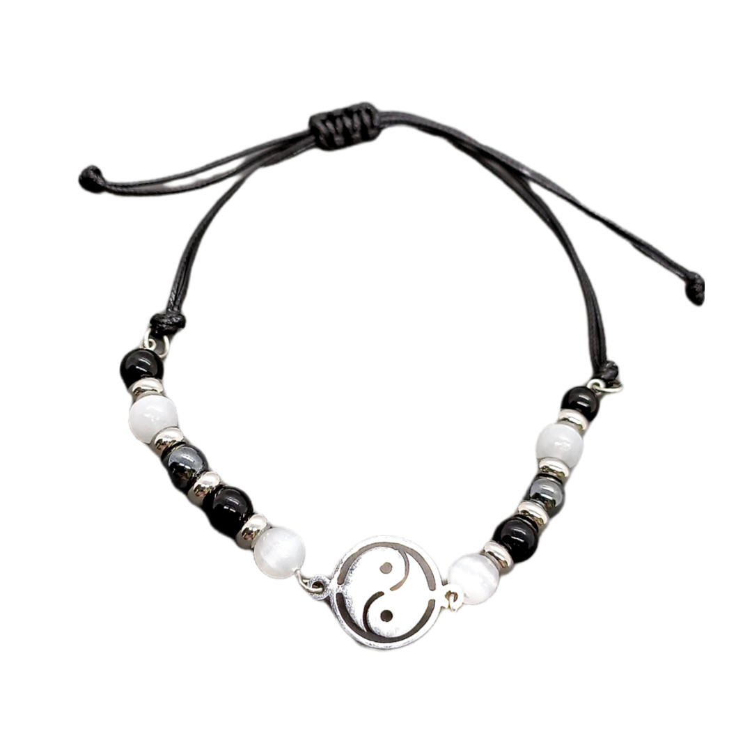Bracelet de cheville macramé - Yin Yang, Sélénite, Hématite et Tourmaline