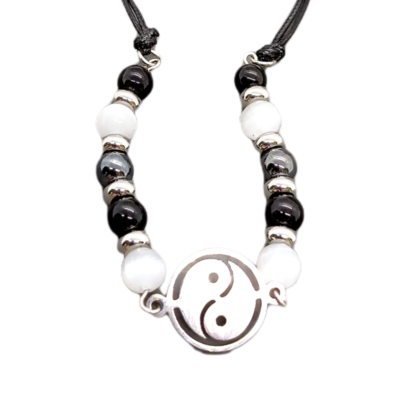 Bracelet de cheville macramé - Yin Yang, Sélénite, Hématite et Tourmaline