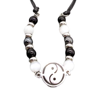 Bracelet de cheville macramé - Yin Yang, Sélénite, Hématite et Tourmaline