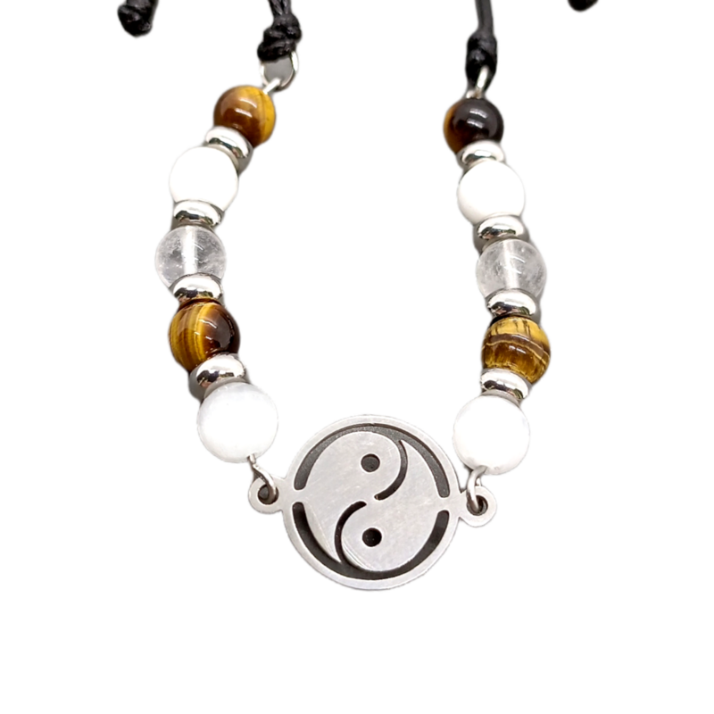 Bracelet de cheville macramé - Yin Yang, Sélénite, Oeil-de-tigre et Cristal de roche