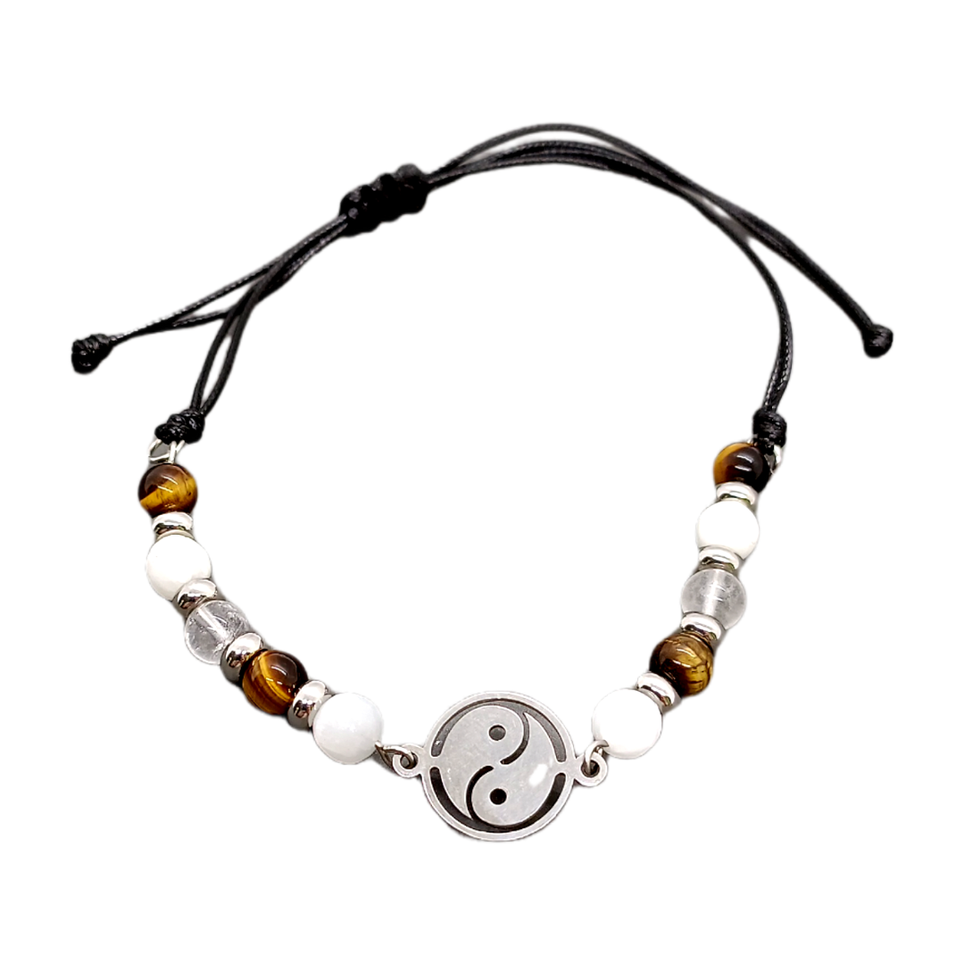 Bracelet de cheville macramé - Yin Yang, Sélénite, Oeil-de-tigre et Cristal de roche
