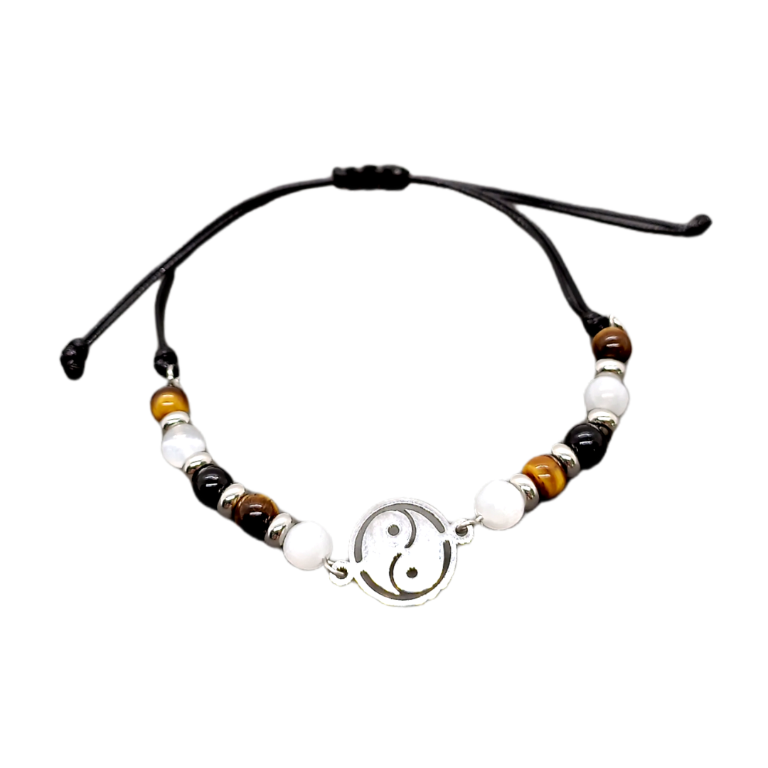 Bracelet de cheville macramé - Yin Yang, Sélénite, Oeil-de-tigre et Tourmaline