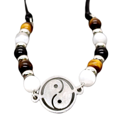 Bracelet de cheville macramé - Yin Yang, Sélénite, Oeil-de-tigre et Tourmaline