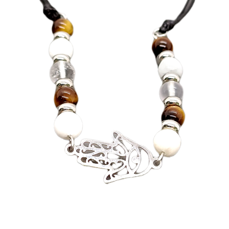 Bracelet de cheville macramé - Main de Fatima, Sélénite, Oeil-de-tigre et Cristal de roche